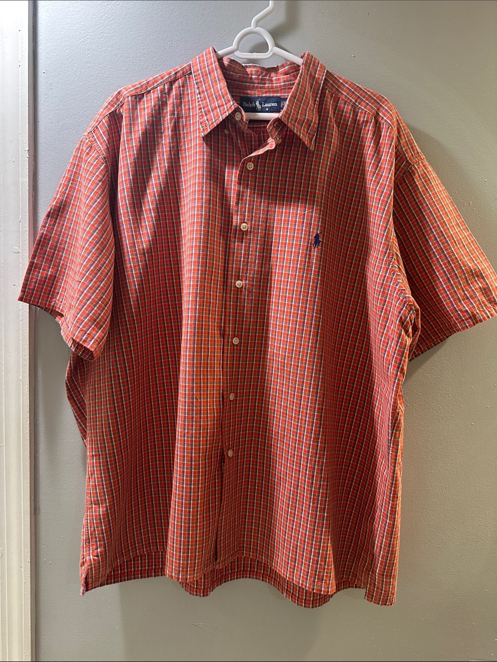 Ralph Lauren Orange-Red Plaid Short-Sleeve Button-Down Shirt